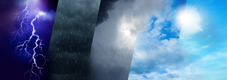Photos of sky in collage, banner design. different weather