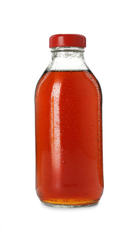 Glass bottle of delicious kvass isolated on white. Refreshing drinksの写真素材