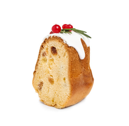 Piece of traditional homemade Christmas cake on white backgroundの写真素材