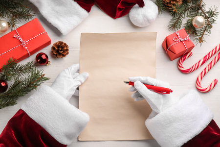 Santa Claus writing letter on white wooden table, top view. christmas celebrationの写真素材