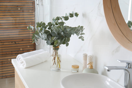 Fresh eucalyptus branches on countertop in bathroom