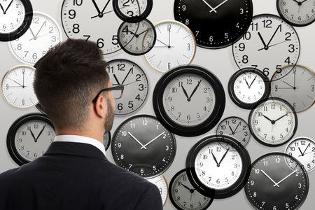 Time management concept. Businessman standing in front of different clocks on light backgroundの写真素材