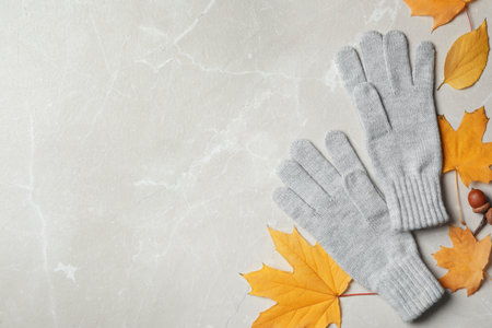 Stylish gloves and dry leaves on light grey table, flat lay. Space for textの写真素材