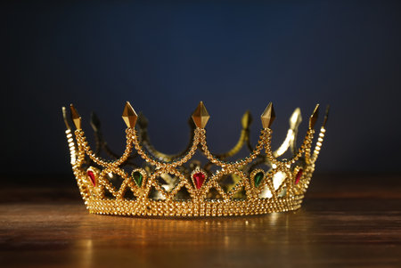 Beautiful golden crown with gems on wooden table. Fantasy item