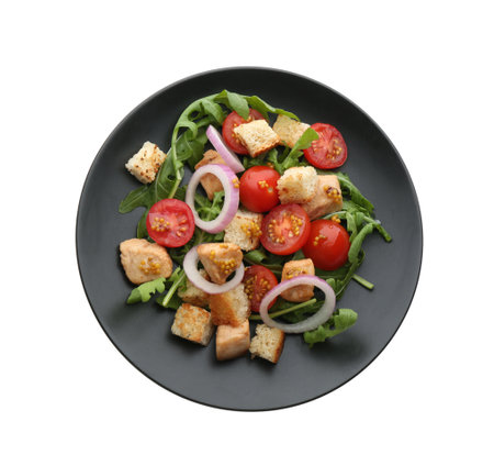 Delicious fresh chicken salad with vegetables and croutons isolated on white, top viewの写真素材