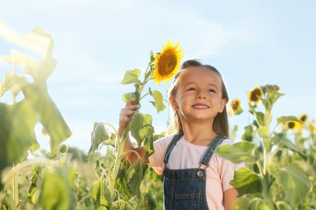 Cute little girl with sunflowers outdoors. child spending time in natureの写真素材