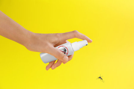 Woman spraying insect repellent on mosquito against yellow background, closeupの写真素材