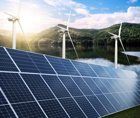 alternative energy sources. Wind turbines installed in water near bank with solar panelsの写真素材