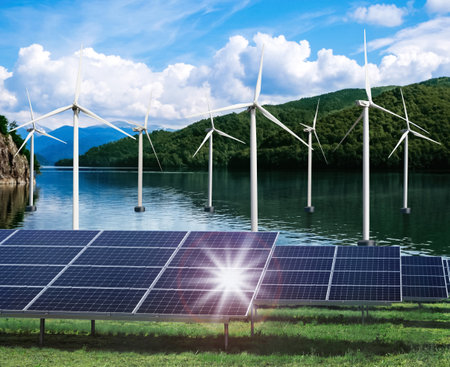 alternative energy sources. Wind turbines installed in water near bank with solar panels