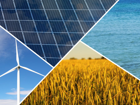 Collage with photos of water, field, solar panels and wind turbine. Alternative energy sourceの写真素材