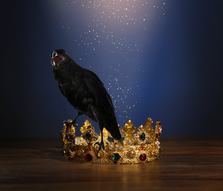 Fantasy world. Black crow lit by magic light sitting on golden crownの写真素材