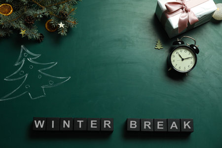 Black cubes with text Winter Break and Christmas decor on green background, flat lay. school holidaysの写真素材