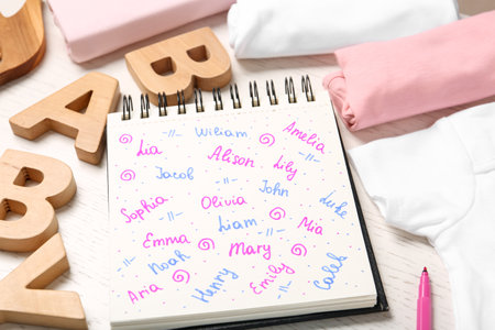 Notebook with different baby names and child's items on white wooden table, closeupの写真素材