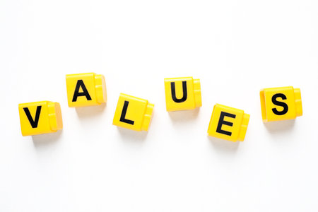 Blocks with word VALUES on white background, top view