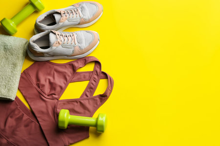 Flat lay composition with sportswear and equipment on yellow background, space for text. Gym workoutの写真素材
