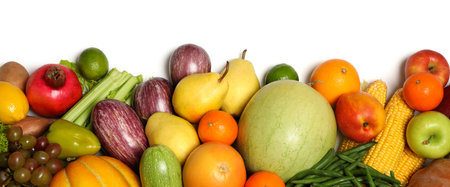 Assortment of fresh organic fruits and vegetables on white background, top viewの写真素材