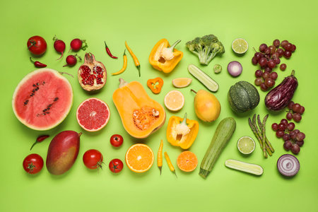 Fresh organic fruits and vegetables on green background, flat layの写真素材