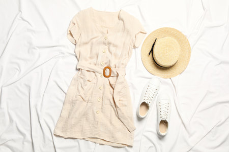Stylish beige dress, shoes and hat on white fabric, flat layの写真素材