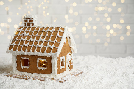 Beautiful gingerbread house decorated with icing on snow, space for textの写真素材