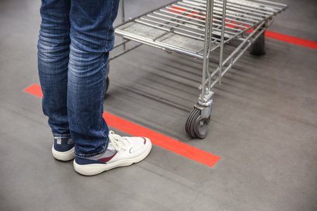 Person with shopping cart standing behind taped floor marking in store for social distance, closeup. Preventive measure during coronavirus pandemicの写真素材