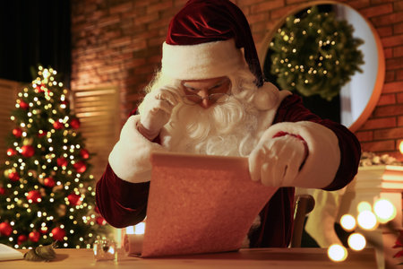 Santa Claus reading wish list at table indoorsの写真素材