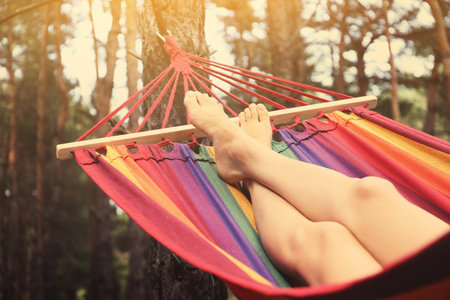 Woman resting in hammock outdoors on summer day, closeupの写真素材