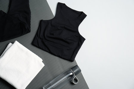 Flat lay composition with yoga equipment on grey background. Space for textの写真素材