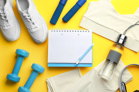 Flat lay composition with sportswear, notebook and dumbbells on yellow background. Gym workout planの写真素材