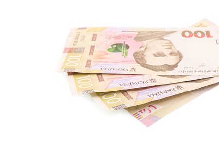 100 Ukrainian Hryvnia banknotes on white background