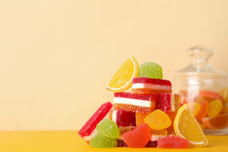 Pile of delicious bright jelly candies on yellow table. Space for textの写真素材