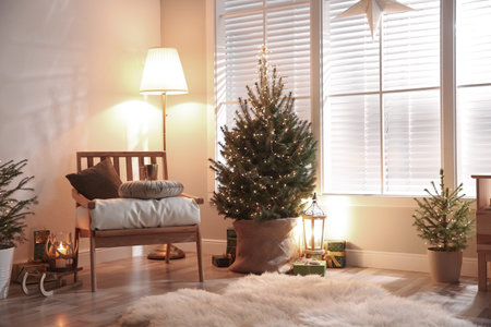 Stylish room with Christmas decorations. Festive interior designの写真素材