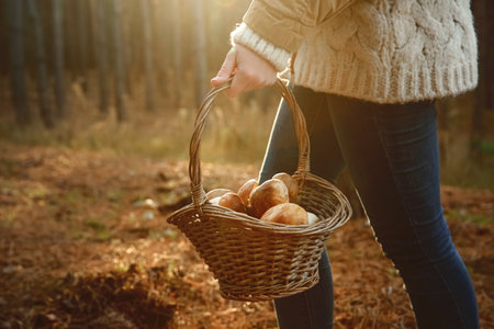 Woman carrying basket with fresh mushrooms in forest, closeupの写真素材