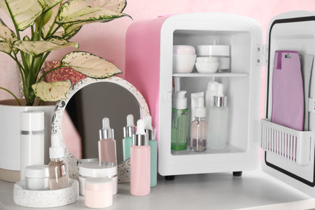 Cosmetics refrigerator and skin care products on tableの写真素材