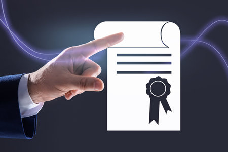 online learning concept. Man touching diploma illustration on virtual screen, closeupの写真素材
