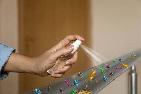 Woman spraying antiseptic onto metal railing full of microbes indoors, closeup