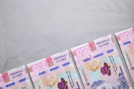 Ukrainian money on grey background, flat lay. Space for text