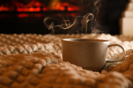 Cup of hot drink on knitted plaid near fireplace indoors. Space for textの写真素材