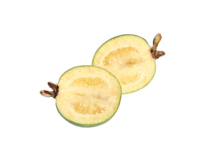 Delicious cut feijoa fruit on white backgroundの写真素材