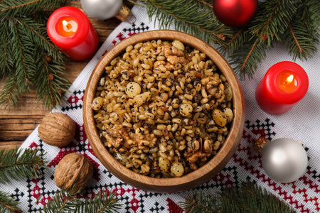 Traditional Christmas slavic dish kutia served on wooden table, flat layの写真素材