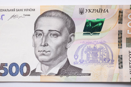 500 Ukrainian Hryvnia banknote on light background, top viewの写真素材