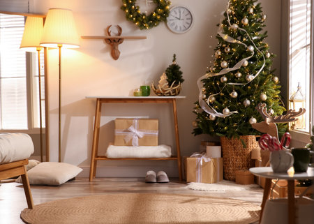 Beautiful living room interior decorated for Christmasの写真素材