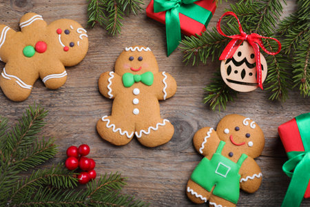 Flat lay composition with gingerbread men on wooden table