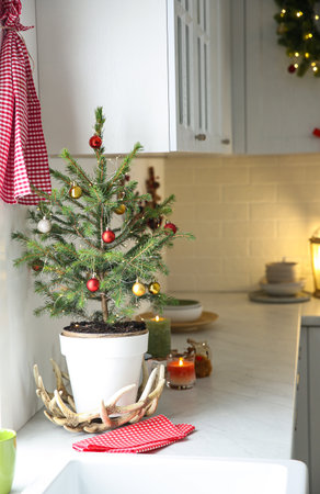 Small Christmas tree decorated with baubles and festive lights in kitchenの写真素材