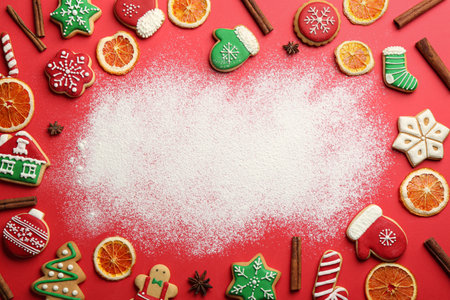 Frame of Christmas cookies and flour on red background, flat lay. Space for textの写真素材
