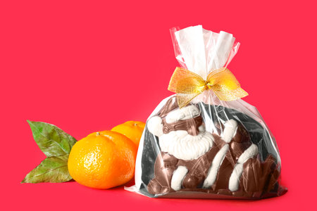 Chocolate Santa Claus candy and tangerines on red backgroundの写真素材