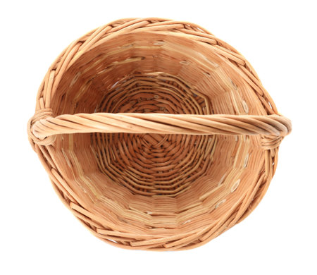 Wicker basket with handle isolated on white, top viewの写真素材