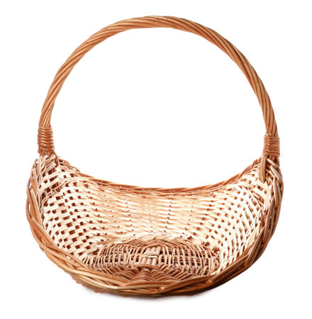 Wicker basket with handle isolated on whiteの写真素材