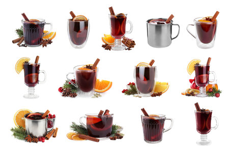 Set of aromatic mulled wine on white backgroundの写真素材