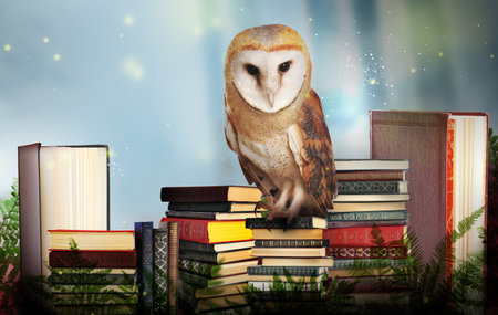 Beautiful wise owl on books in fantasy worldの写真素材