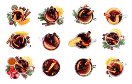 Set of aromatic mulled wine on white background, top viewの写真素材